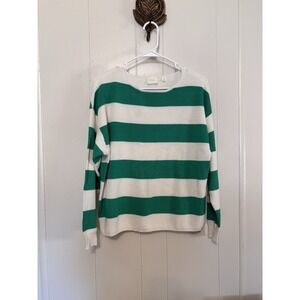Cyrus Women's Knit Sweater Green White Striped Round Neck Rayon Nylon Medium